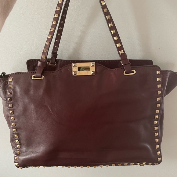 Valentino Burgundy Studded Leather Tote Bag - Picture 2 of 4